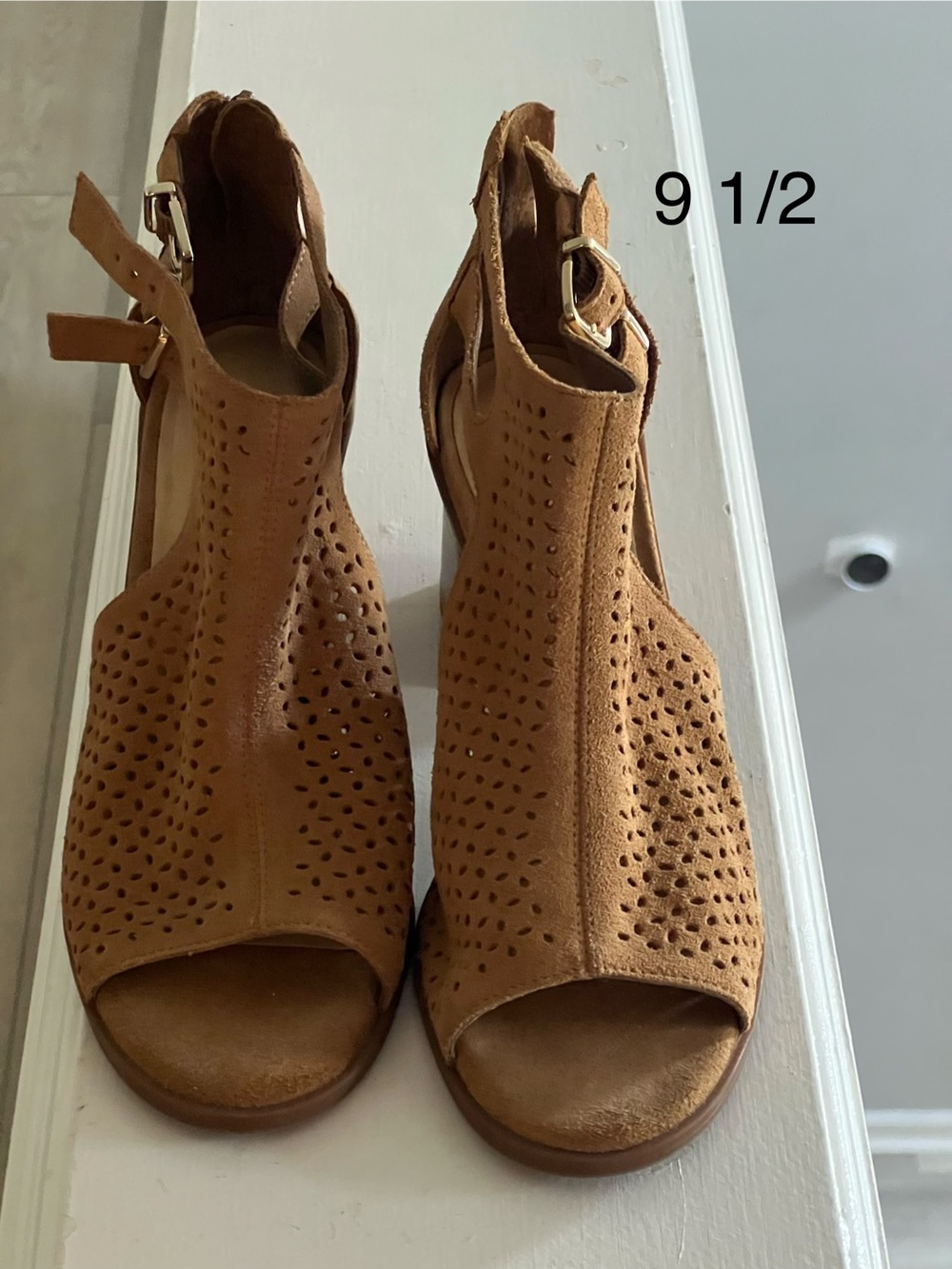 Perforated Peep-Toe Ankle Strap Sandal — Tan